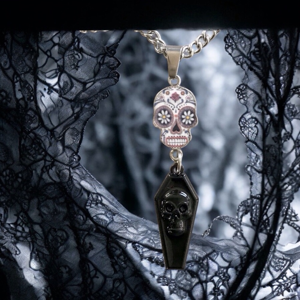 ๐ Coffin and Sugar Skull Necklace Alloy/Enamel/Stainless Steel